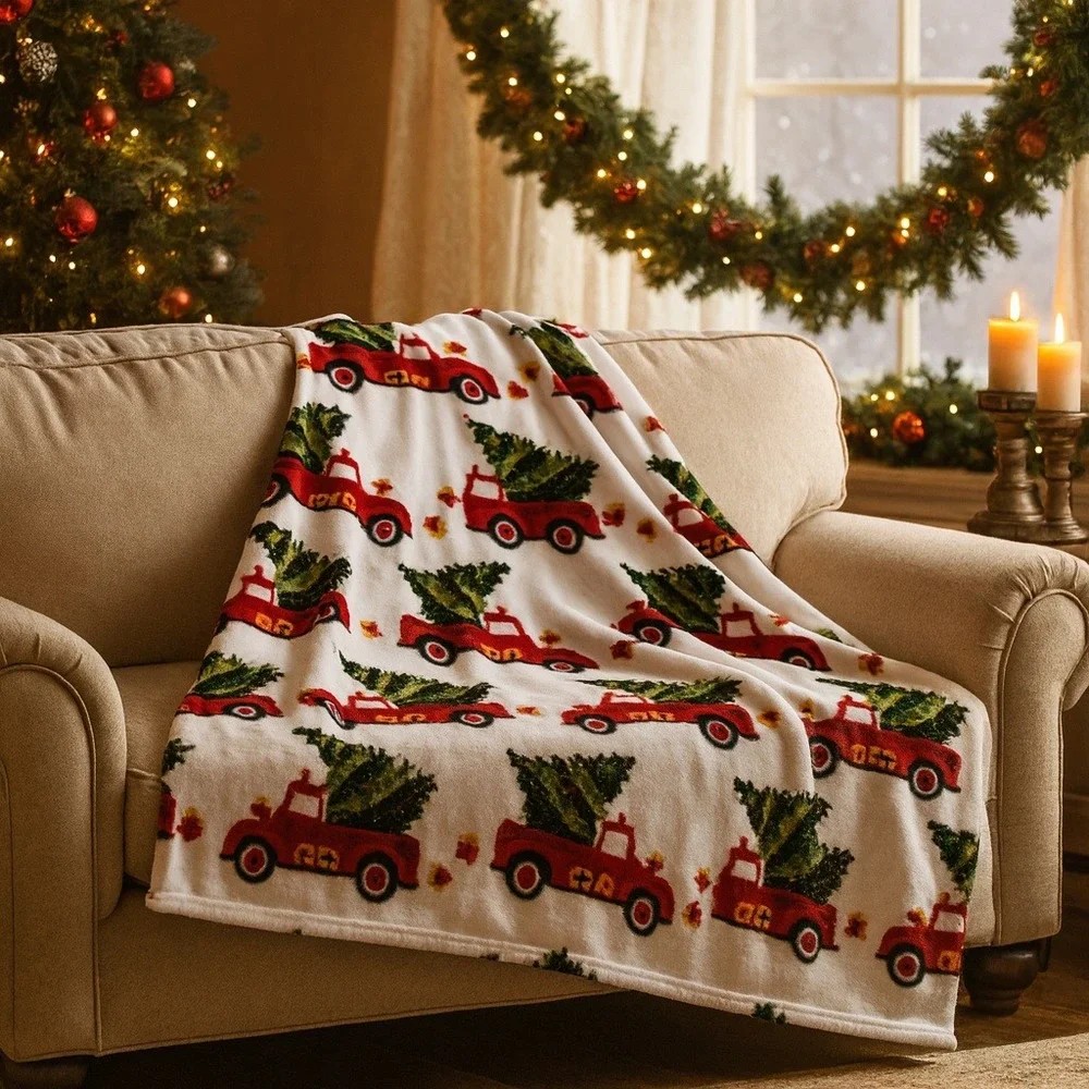 Christmas Truck Tree Red Holiday Plush Soft Fleece Blanket Cozy Warm Throw #3002